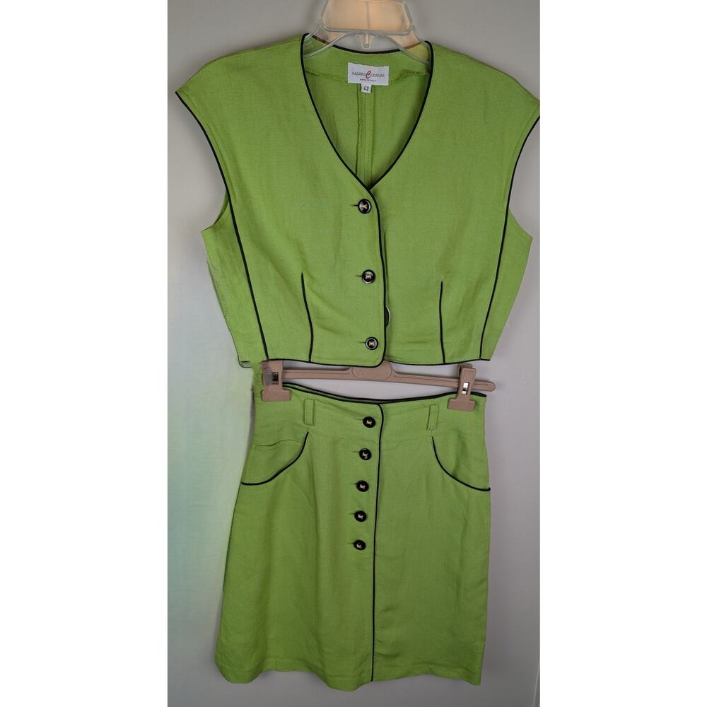 Hazard Couture Made in Italy Two Piece Linen Blend Skirt Vest Set Green 42 XS S